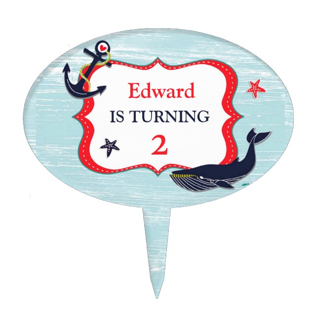 Anchor Whale Birthday Cake Topper (Front)