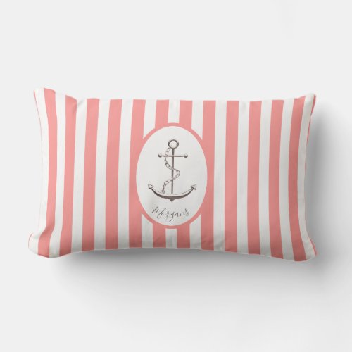 Anchor white coral stripes nautical classic lumbar pillow