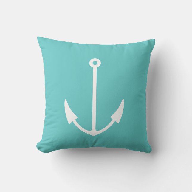 Anchor WHITE on teal blue pillow (Front)