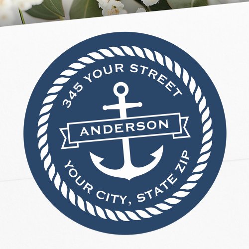 Anchor with banner and rope border return address classic round sticker