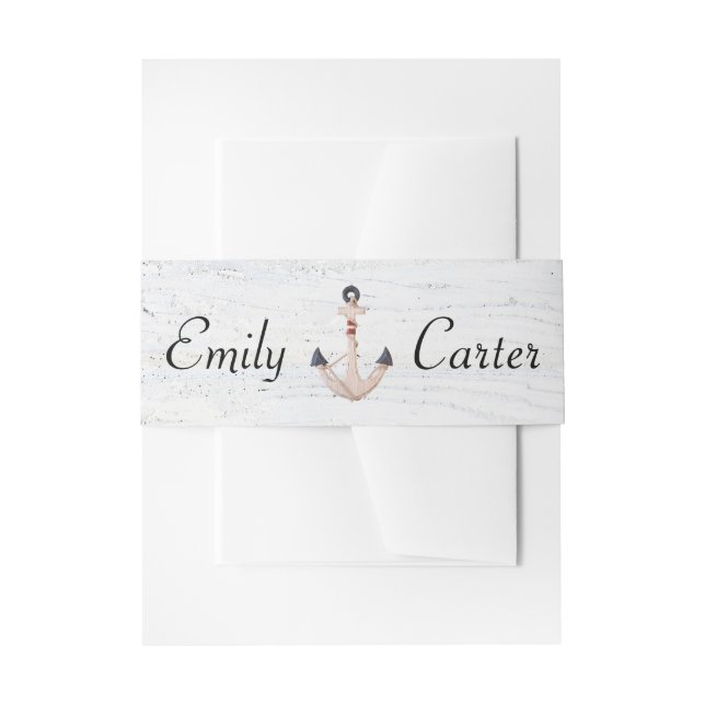 Anchor With Custom Names On Wood Invitation Belly Band (Front Example)