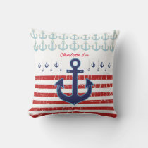 Anchor with red stripes, nautical personalized outdoor pillow