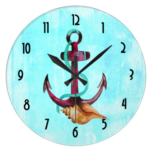 Anchor With Rope And Seashell in Watercolors Large Clock