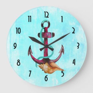 Anchor With Rope And Seashell in Watercolors Large Clock