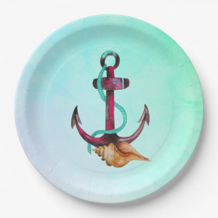 Anchor With Rope And Seashell in Watercolors Paper Plates