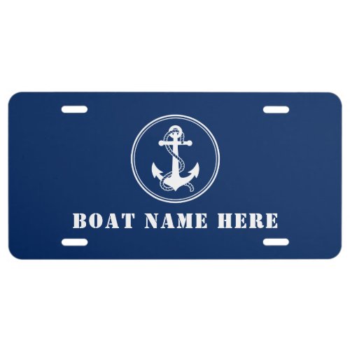 Anchor with Rope  Your Boat Name Navy Blue License Plate