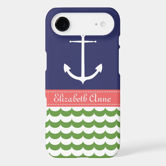 Anchor with Waves and Custom Name in Navy & Green Case-Mate iPhone Case (Back)