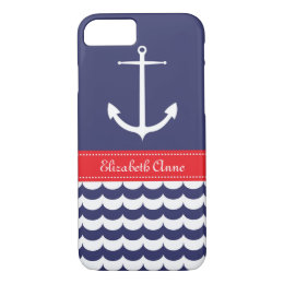 Anchor with Waves and Custom Name in Navy & Red iPhone 8/7 Case