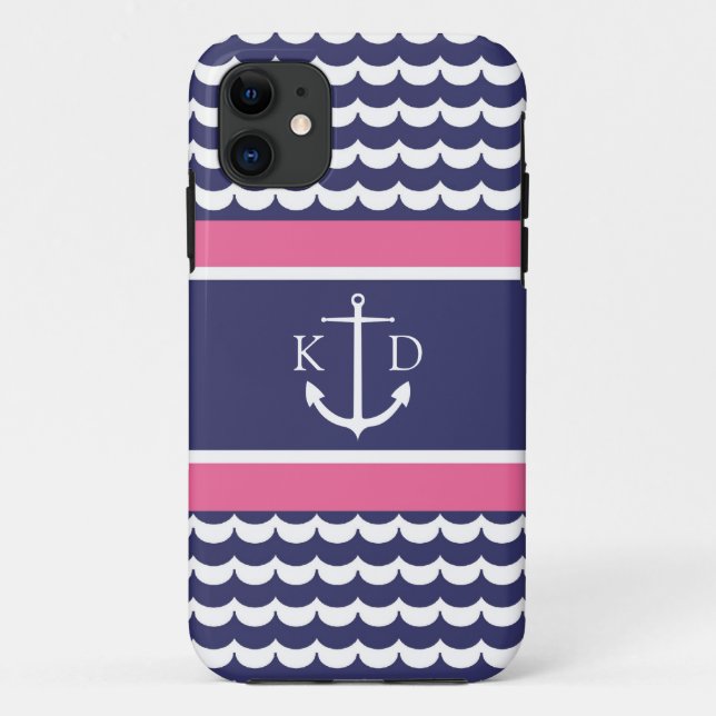 Anchor with Waves and Monogram Navy & Pink Case-Mate iPhone Case (Back)