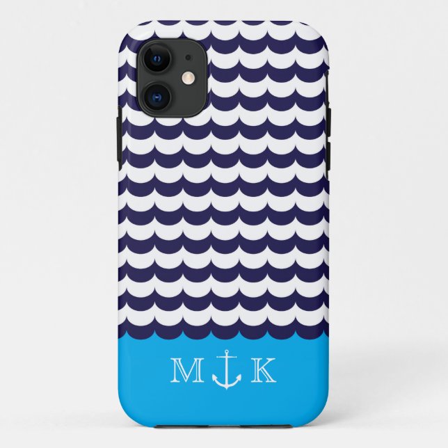 Anchor with Waves and Monogram Navy & Turquoise Case-Mate iPhone Case (Back)