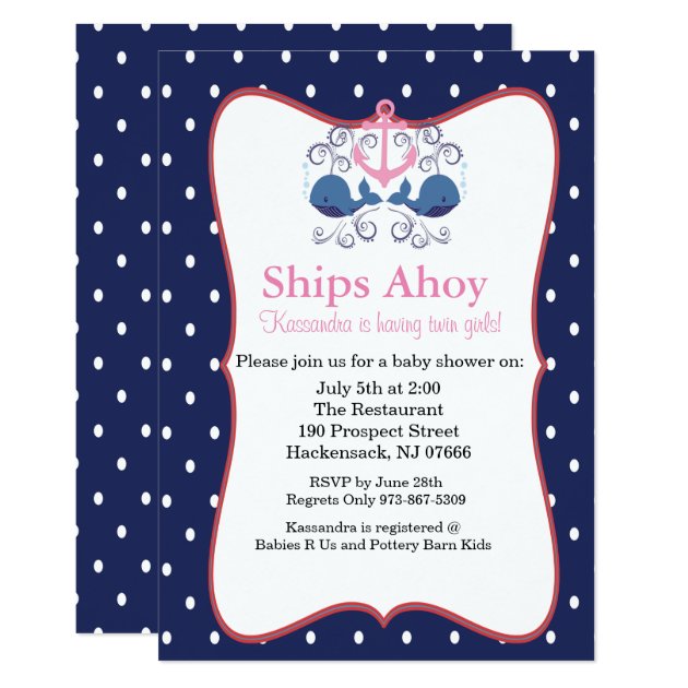 Anchor With Whales For Twin Baby Shower Invitation