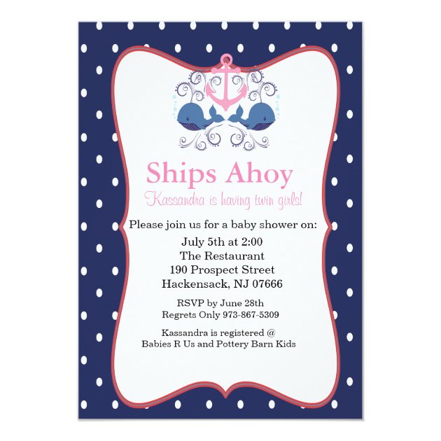 Anchor With Whales For Twin Baby Shower Invitation