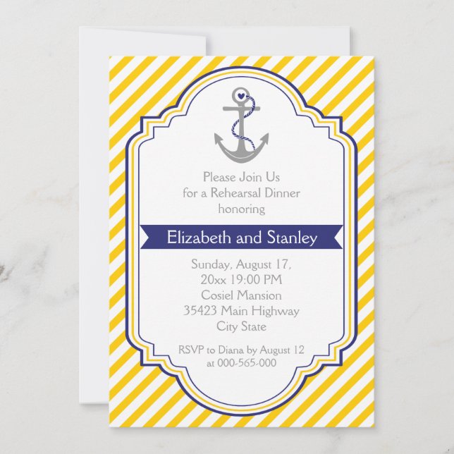 Anchor yellow nautical wedding rehearsal dinner invitation (Front)