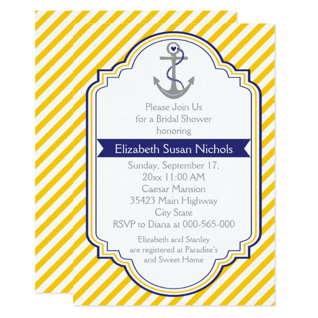 Anchor Yellow White Nautical Wedding Bridal Shower Invitation