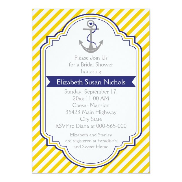 Anchor Yellow White Nautical Wedding Bridal Shower Invitation
