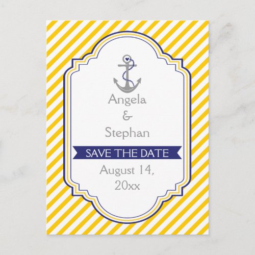 Anchor yellow white nautical wedding Save the Date Announcement Postcard