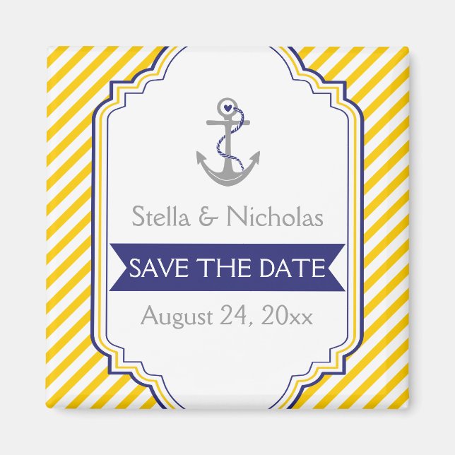 Anchor yellow white nautical wedding Save the Date Magnet (Front)