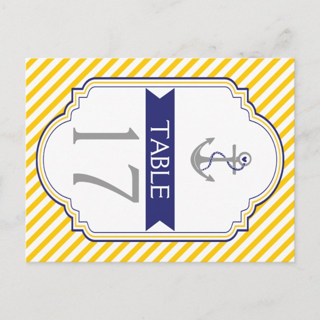 Anchor yellow, white nautical wedding table number (Front)