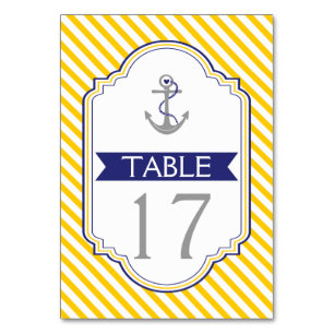 Anchor yellow, white nautical wedding table number