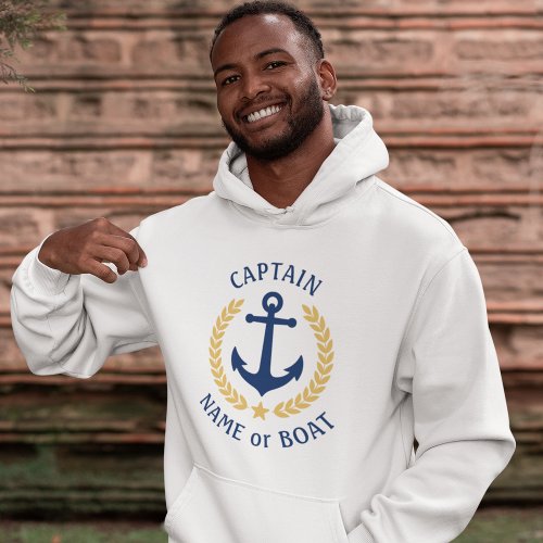 Anchor Your Boat Name Captain Gold Laurel White Hoodie