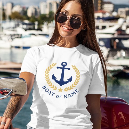 Anchor Your Boat Name Gold Laurel Leaves White T_Shirt