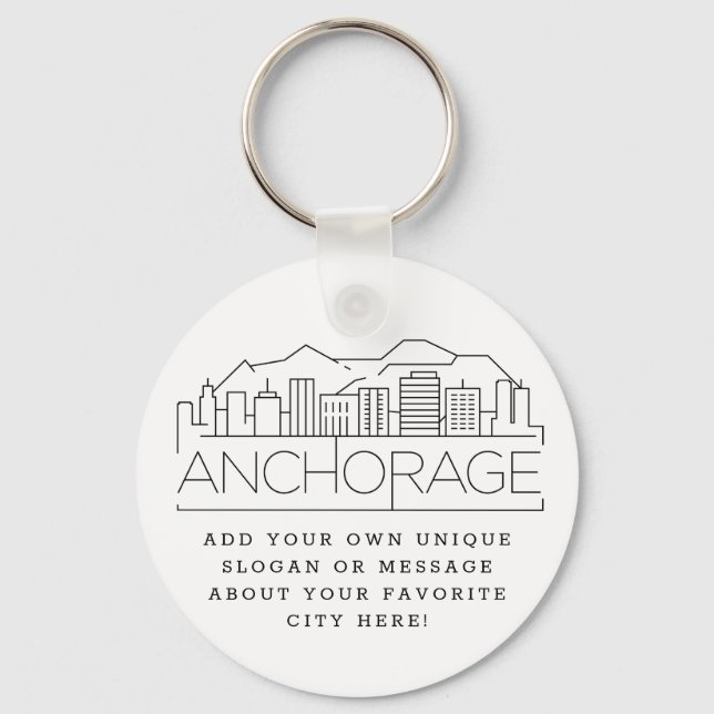 Anchorage, Alaska Stylized Skyline | Custom Slogan Keychain (Front)