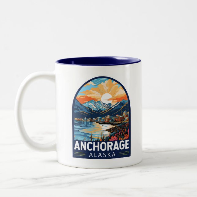 Anchorage Alaska Travel Art Emblem Two-Tone Coffee Mug (Left)