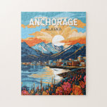 Anchorage Alaska Travel Art Vintage Jigsaw Puzzle<br><div class="desc">Anchorage retro vector travel design. Anchorage is the largest city in Alaska,  located between the Chugach Mountains and Cook Inlet. It's known for its small-town feel,  friendly community,  and stunning scenery.</div>