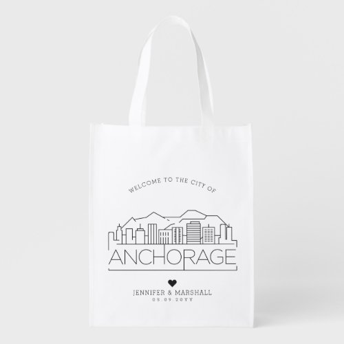 Anchorage Alaska  Wedding  Stylized Skyline Grocery Bag