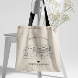 Anchorage, Alaska Wedding | Stylized Skyline Tote Bag<br><div class="desc">A unique wedding tote bag for a wedding taking place in the beautiful city of Anchorage,  Alaska.  This tote features a stylized illustration of the city's unique skyline with its name underneath.  This is followed by your wedding day information in a matching open lined style.</div>