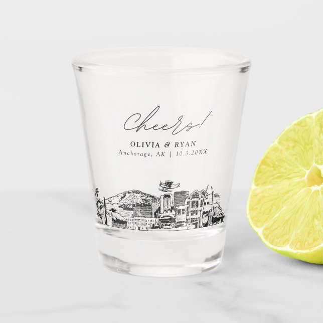 Anchorage Wedding Favor Personalized Cheers Shot Glass (Front)