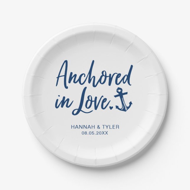 Anchored In Love Beach Nautical Wedding Paper Plates (Front)