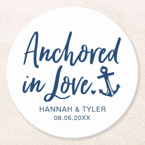 Anchored In Love Beach Nautical Wedding Round Paper Coaster