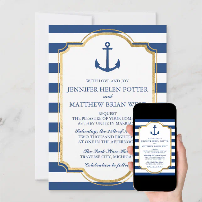 Anchored In Love II Nautical Anchor Stripe Wedding Invitation | Zazzle