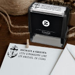 Anchored in Love Nautical Anchor Wedding Address Self-inking Stamp<br><div class="desc">Nautical blue and white wedding return address stamp.  Great for a Navy (military) or lake house wedding.  Design features an anchor wrapped in a banner with text "Anchored in love".  Personalize it with your wedding details.</div>