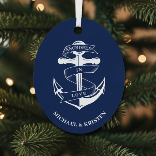 Anchored in Love Nautical Blue Anchor Christmas Metal Ornament