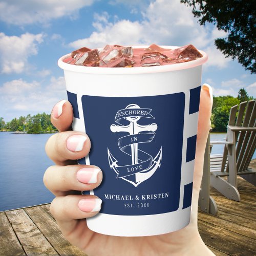 Anchored in Love Nautical Blue Anchor Striped Paper Cups