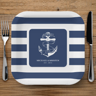 Anchored in Love Nautical Blue Anchor Striped Paper Plates
