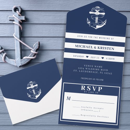 Anchored in Love Nautical Blue Anchor Wedding  All In One Invitation