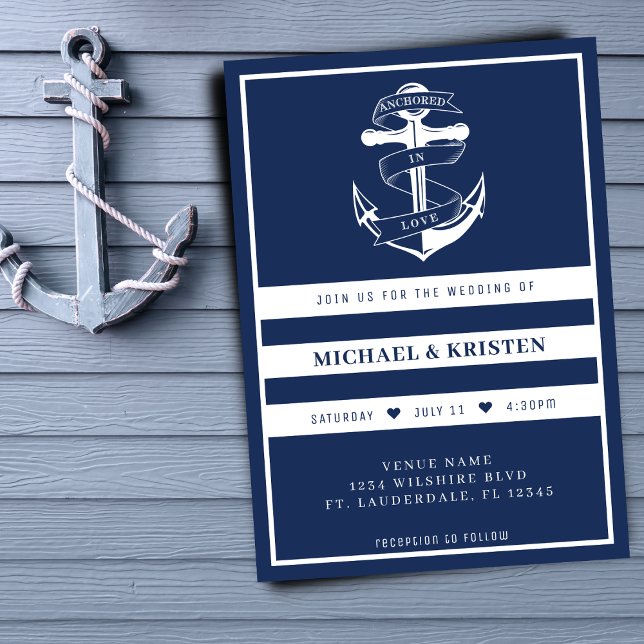 Anchored in Love Nautical Blue Anchor Wedding  Invitation (Anchored in Love Nautical Blue Anchor Wedding Invitation
)