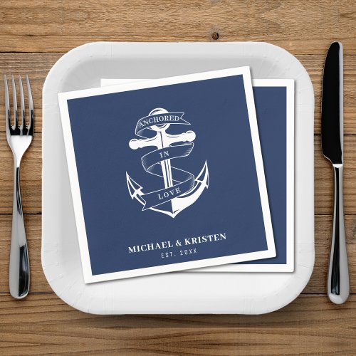 Anchored in Love Nautical Blue Anchor Wedding  Napkins