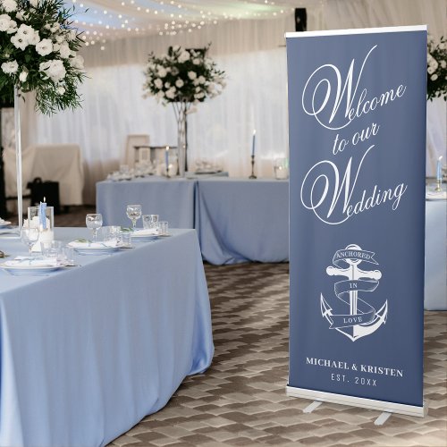 Anchored in Love Nautical Blue Anchor Wedding  Retractable Banner