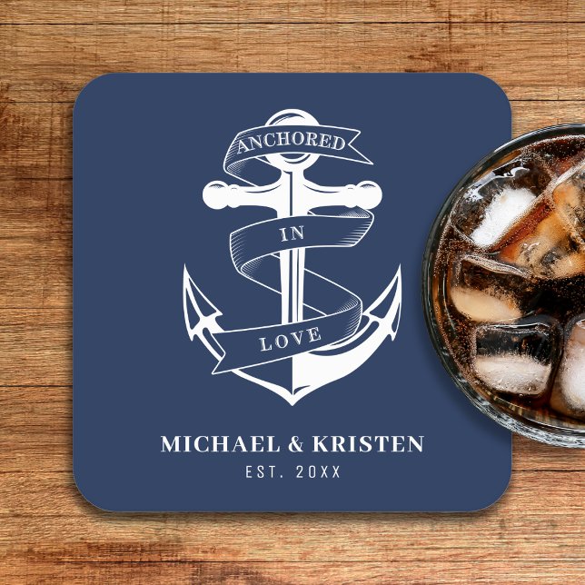 Anchored in Love Nautical Blue Anchor Wedding  Square Paper Coaster (Anchored in Love Nautical Blue Anchor Wedding Square Paper Coaster
)
