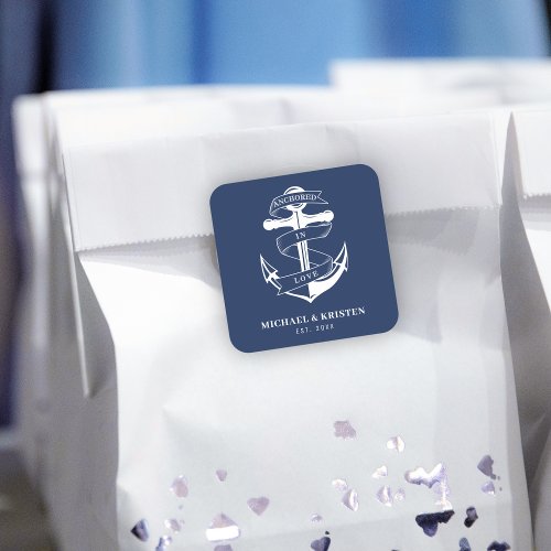 Anchored in Love Nautical Blue Anchor Wedding  Square Sticker