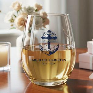 Anchored in Love Nautical Blue Anchor Wedding Stemless Wine Glass