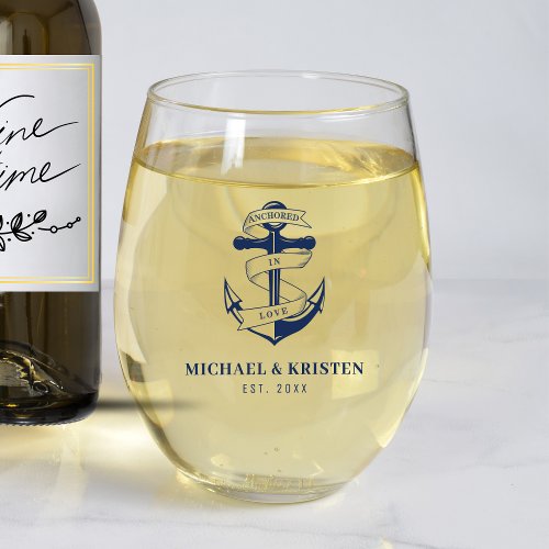 Anchored in Love Nautical Blue Anchor Wedding  Stemless Wine Glass