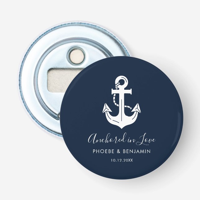 Anchored In Love Nautical Personalized Wedding Bottle Opener (Front)
