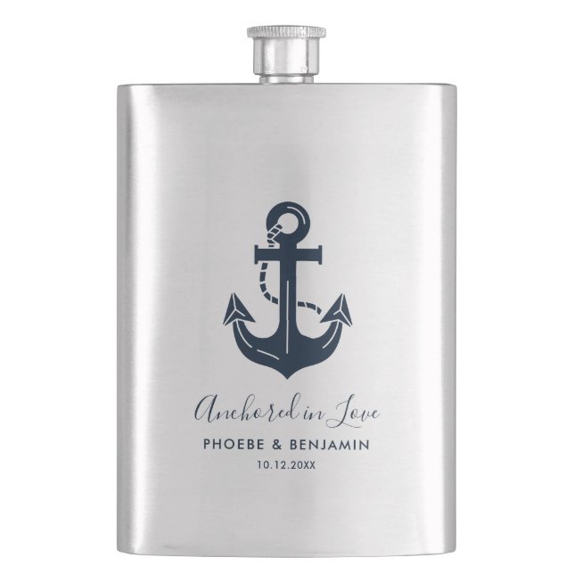 Anchored In Love Nautical Personalized Wedding Flask (Front)