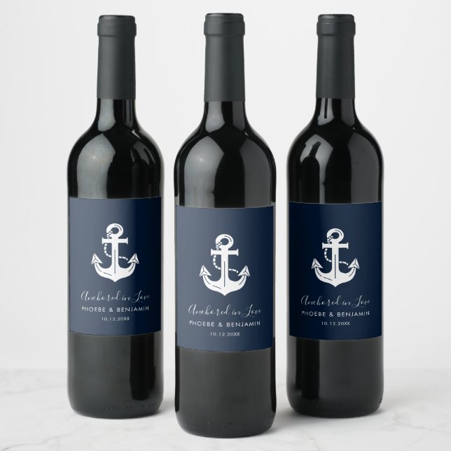 Anchored In Love Nautical Personalized Wedding Wine Label (Bottles)