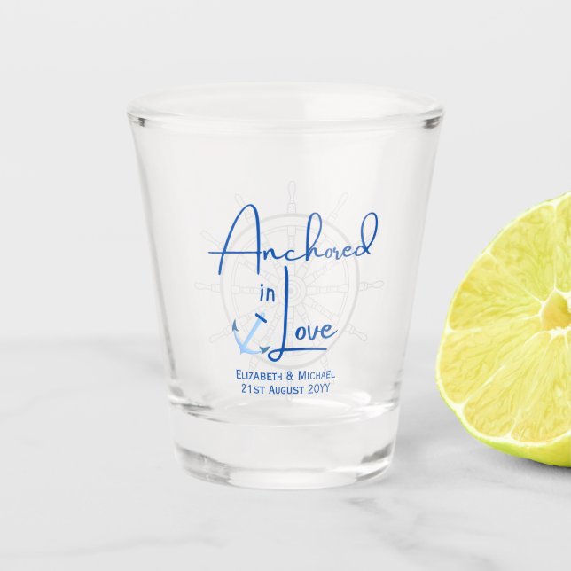 Anchored in Love Wedding Favor Personalized Gift Shot Glass (Front)